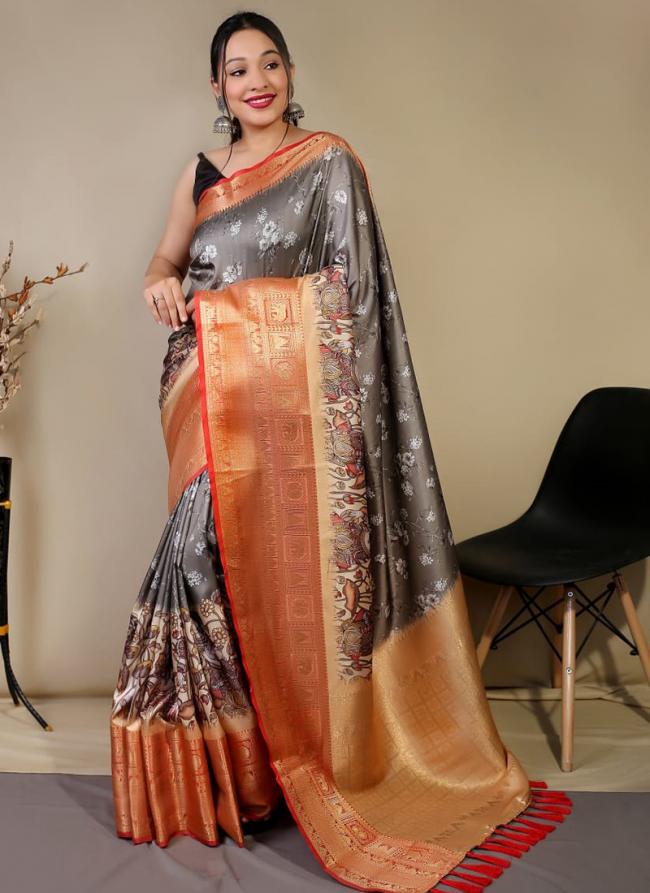 Pure Kanchipuram Grey Traditional Wear Digital Printed Saree